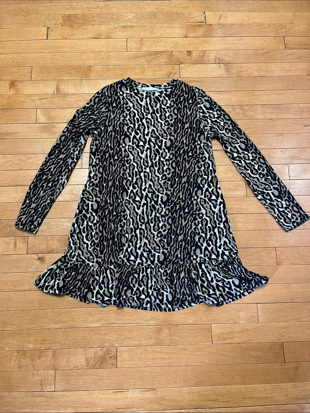 Primark Leopard Print Ruffle Hem Long Sleeve Tunic - Black & Tan - size small
